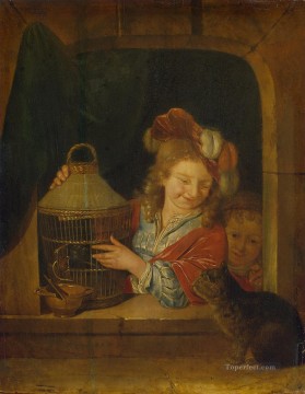 Cat Painting - Children with a Cage and a Cat